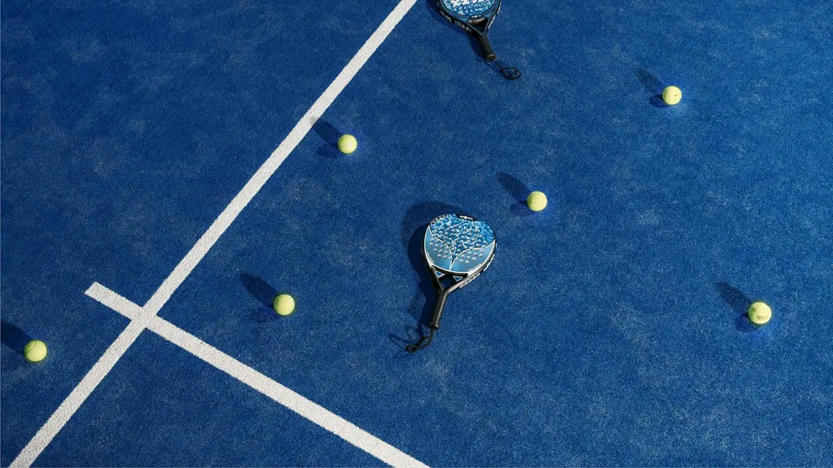 Two padel rackets and balls on a blue padel court